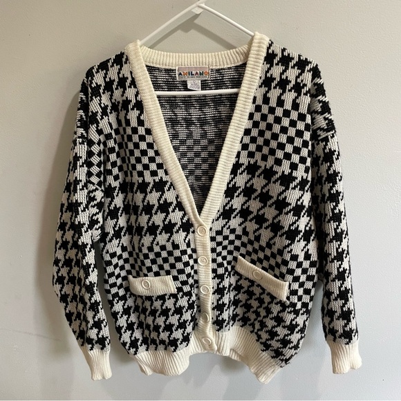 A’MILANO Cardigan Sweater Paris Milano New York Houndstooth Herringbone Large - Picture 1 of 8